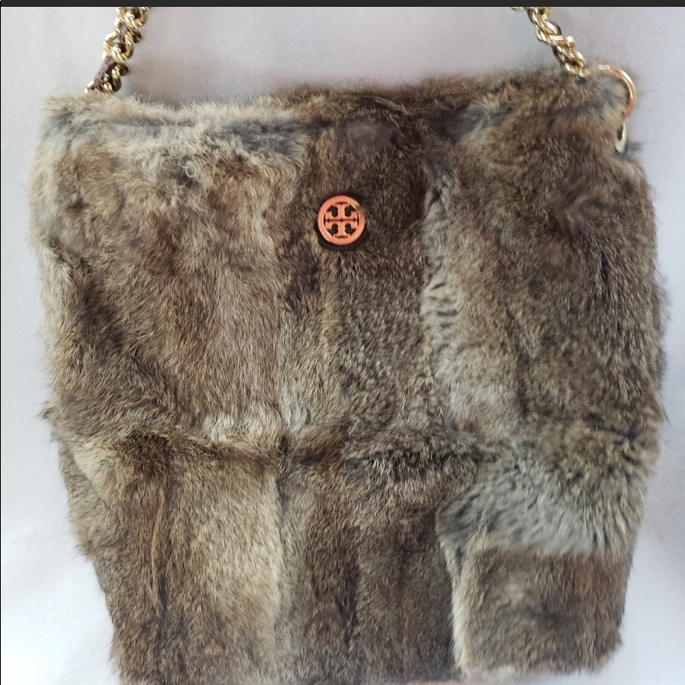 Tory Burch Fox Fur hobo bag gold TB logo chain handle